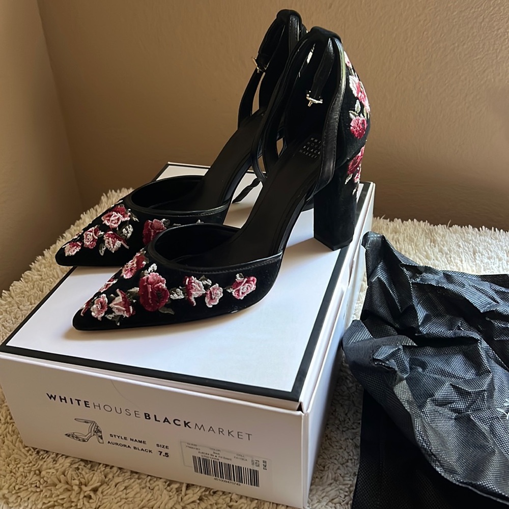 Never worn- Black Suede Mary Jane Pumps with Embroidered Pink Floral Designs